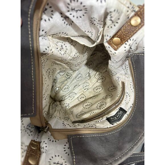 Myra Bag Factual Upcycled Canvas & Cowhide/Fur Shoulder Messenger Purse - Picture 6 of 8